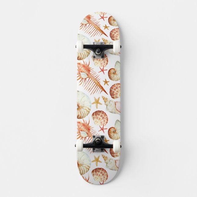Koralle mit Muschel-und Krabben-Muster Skateboard (Vorderseite)