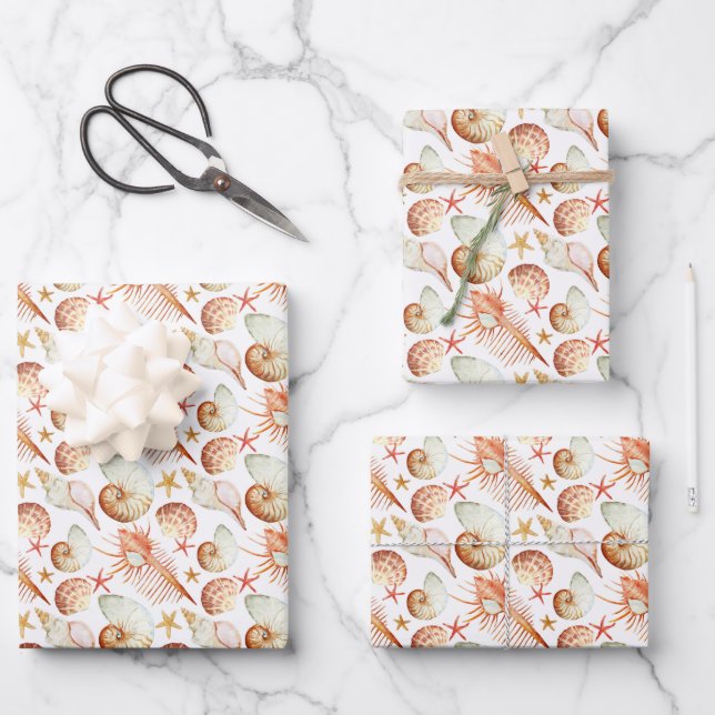 Koralle mit Muscheln- und Krebsmuster Geschenkpapier Set (Vorderseite)