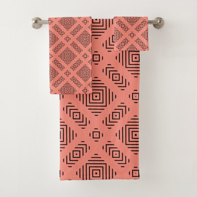 Koralle mit schwarzem geometrischem Muster Badhandtuch Set (Insitu)