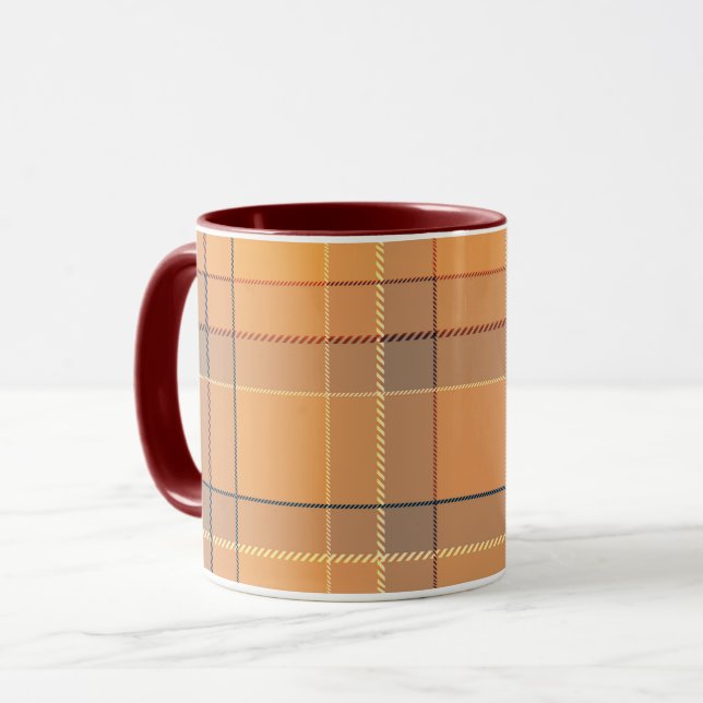Koralle, orange, brauner Tartan kariert. Tasse (Vorderseite Links)