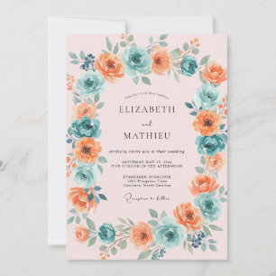 Koralle Teal Floral Flourish Hochzeit Einladung