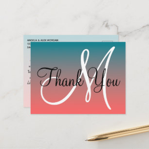 Koralle Türkis Ombre Monogramm Danke Postkarte