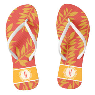 Koralle und gelbe tropische Cabana mit Monogramm Flip Flops