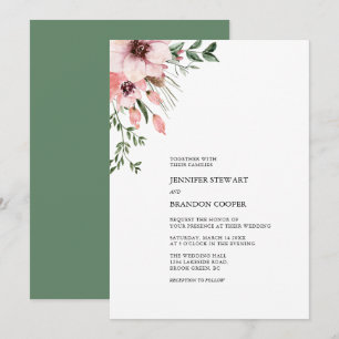 Koralle- und grüne Aquarell-Blumen-Hochzeitseinlad Einladung