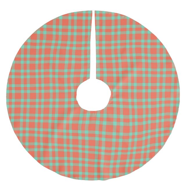 Korallen-Aquamarin-Karomuster Polyester Weihnachtsbaumdecke (Vorderseite)