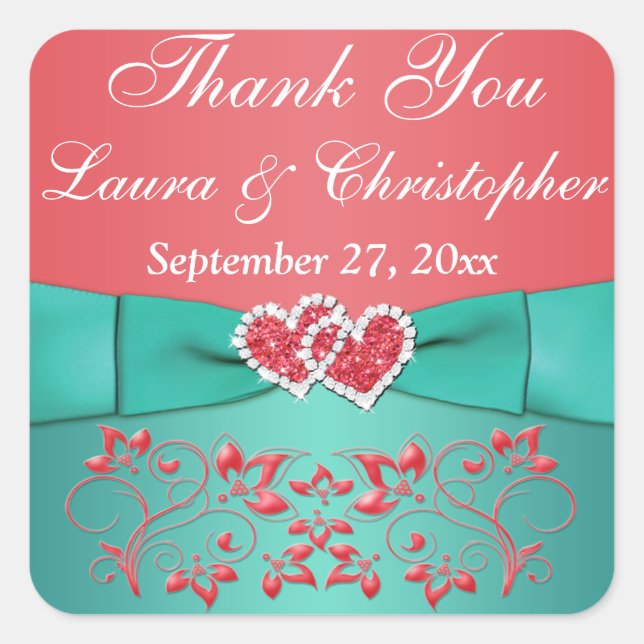 Korallen, Aquamarine Blüten, Herz 1,5" q. Gastgesc Quadratischer Aufkleber (Vorderseite)