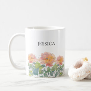 Korallen-Aquarell-Blumen grüne Blätter Vorname Kaffeetasse