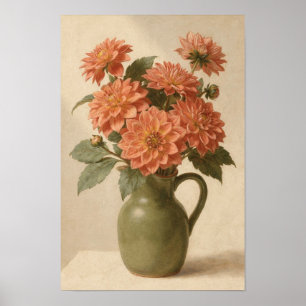 Korallen-Dahlien in Oliven-Grün-Pitcher-Plakat Poster