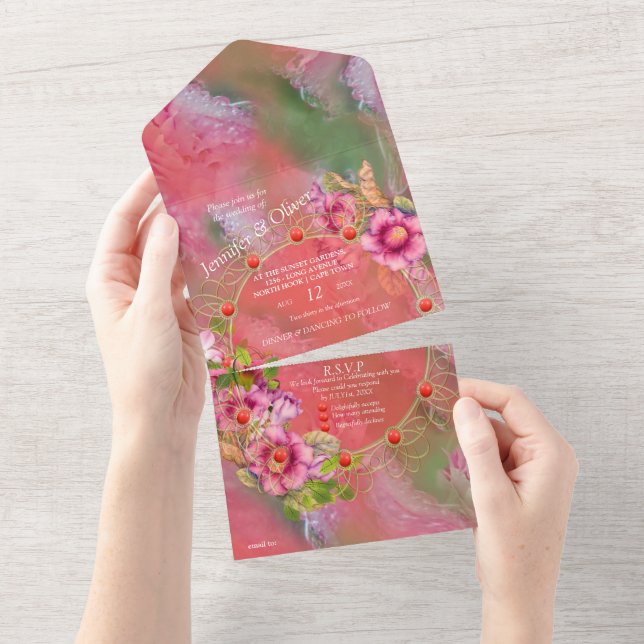 Korallen, Gras und Peony-rosa Blüten alle in einer All In One Einladung (Abreißen)