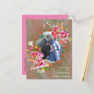 Korallen, Gras und Peony-rosa Blüten Ankündigungspostkarte