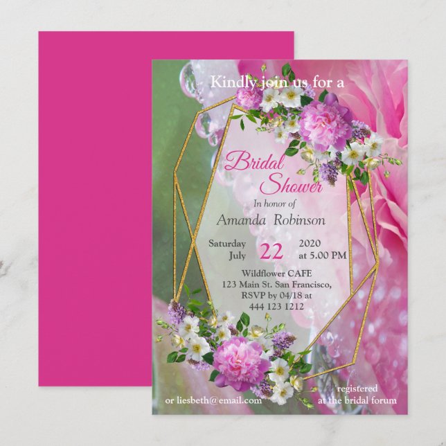 Korallen, Gras und Peony-rosa Blüten Einladung (Vorne/Hinten)