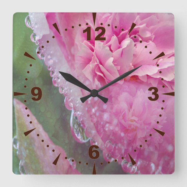 Korallen, Gras und Peony-rosa Blüten Quadratische Wanduhr (Vorderseite)