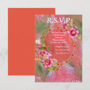 Korallen, Gras und Peony-rosa Blüten RSVP Karte
