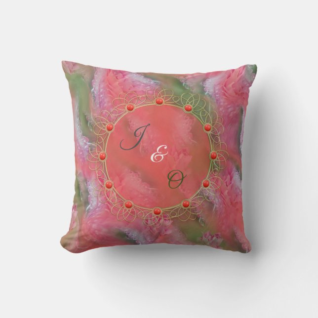 Korallen, Gras und Peony-rosa Blütenwirbel Kissen (Vorderseite)