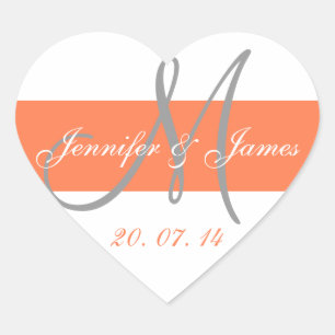 Korallen-Grau Monogramm Hochzeit Danke-Sticker Herz-Aufkleber