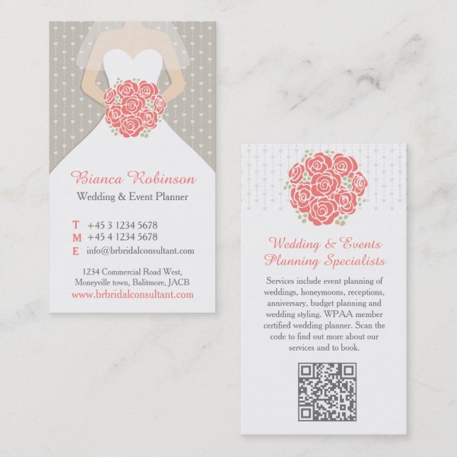 Korallen, Graue und weiße Hochzeitsplanerin QR Visitenkarte (Vorne/Hinten)