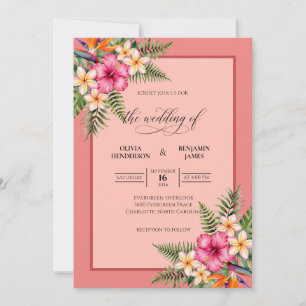 Korallen-Hibiskus-Tropischer-Eukalyptus-Hochzeit Einladung