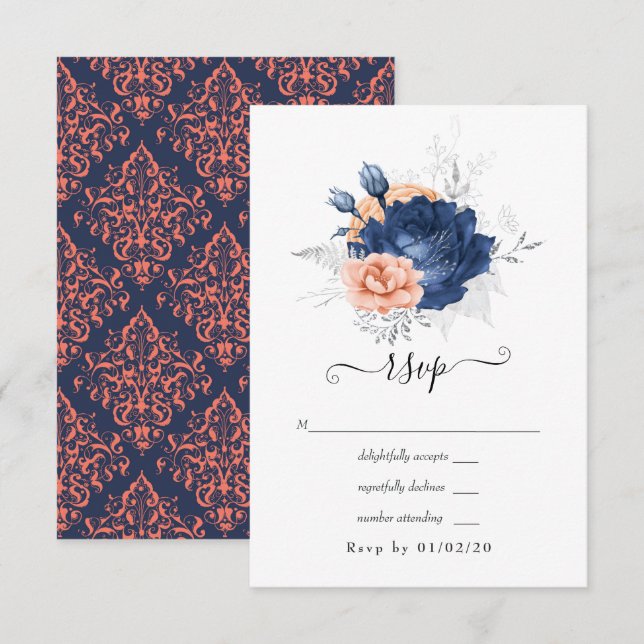 Korallen-, Marine- und Silberblumenhochzeit RSVP Karte (Vorne/Hinten)