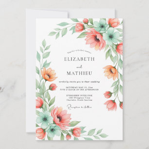 Korallen-Mint-Blütenromanze Hochzeit Einladung