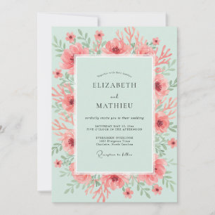 Korallen-Minz-Aquarell-Blumenhochzeit Einladung