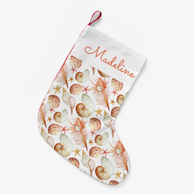 Korallen mit Muscheln- und Krebsmuster| Name hinzu Kleiner Weihnachtsstrumpf (Vorderansicht (hängend))
