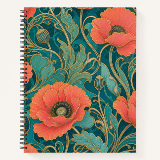 Korallen-Mohn Art Nouveau Blumen Notizbuch