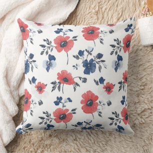 Korallen-Mohn Navy Blau Floral Botanisch Kissen