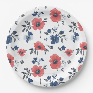 Korallen-Mohn Navy Blau Floral Botanisch Pappteller