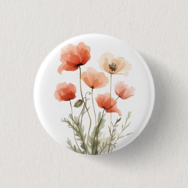 Korallen-Mohn-Wasserfarben-Blumenprint Button (Vorderseite)