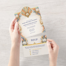 Korallen-Muschel-Hochzeitskarte Küstenluxus