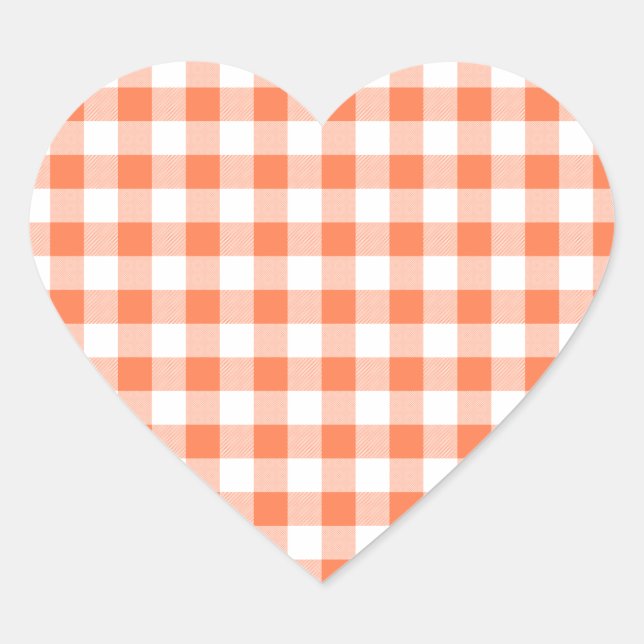 Korallen (Orange Pink) und Weißer Gingham Herz-Aufkleber (Vorderseite)
