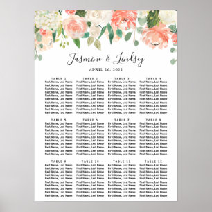Korallen-Pfirsich-Weiße Blumenehe Sitzordnung Poster