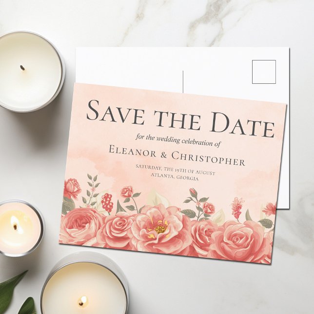Korallen Rose Romantische Pfirsichblüte Save the D Ankündigungspostkarte (Von Creator hochgeladen)
