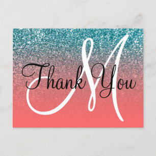 Korallen Türkis Ombre Glitter Monogramm Danke Postkarte