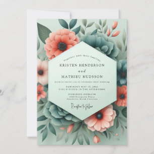Korallen-Türkis-traurige Flora-Hochzeit Einladung