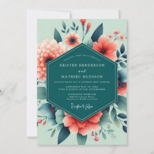 Korallen-Türkis-Üppige-Floral-Hochzeit Einladung