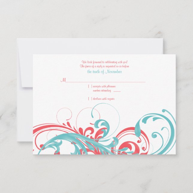 Korallen- und Aqua-Floral-Hochzeitskarte RSVP Karte (Vorderseite)
