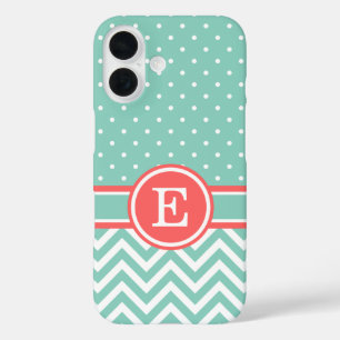 Korallen und Aqua Preppy Zickzack Dots Monogramm title_seo2