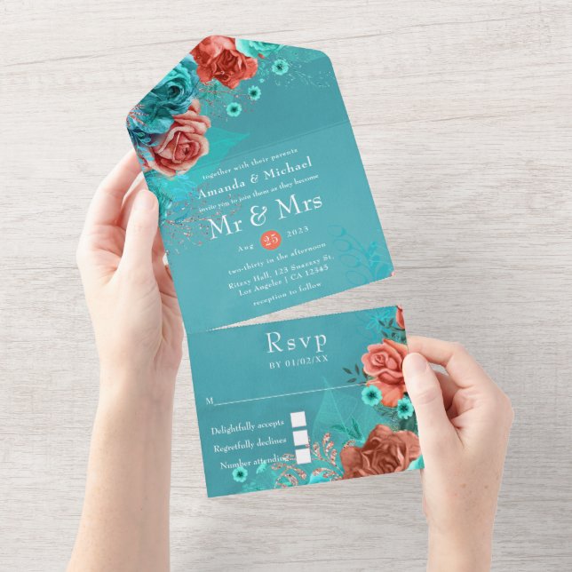 Korallen- und Aquamarine Blumenhochzeit All In One Einladung (Abreißen)