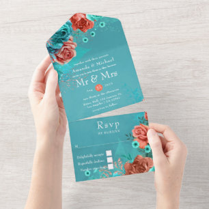 Korallen- und Aquamarine Blumenhochzeit All In One Einladung