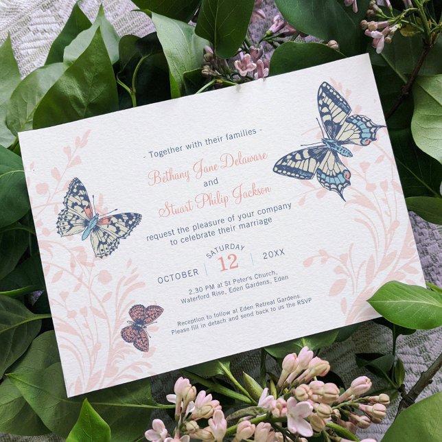 Korallen und blaue Schmetterlinge Hochzeit Einladung (Von Creator hochgeladen)