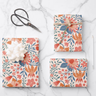 Korallen- und Blaugrüne Gartenzierblumen auf weich Geschenkpapier Set