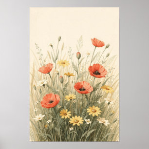 Korallen- und buttergelbe Wildblumenwiese Poster
