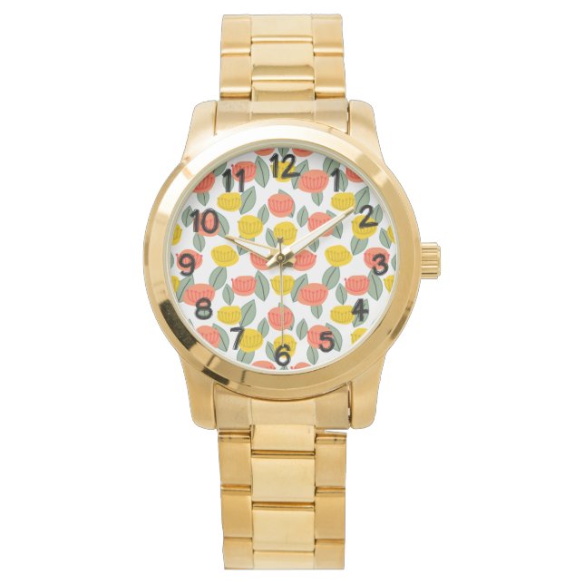Korallen- und Gold-Blume Armbanduhr (Vorderseite)