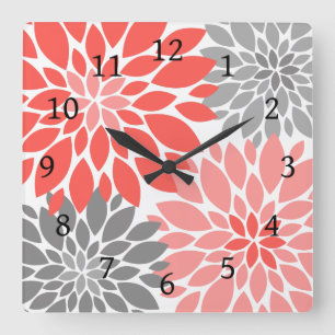Korallen und Grau-Chrysanthemen Blumenmuster Quadratische Wanduhr