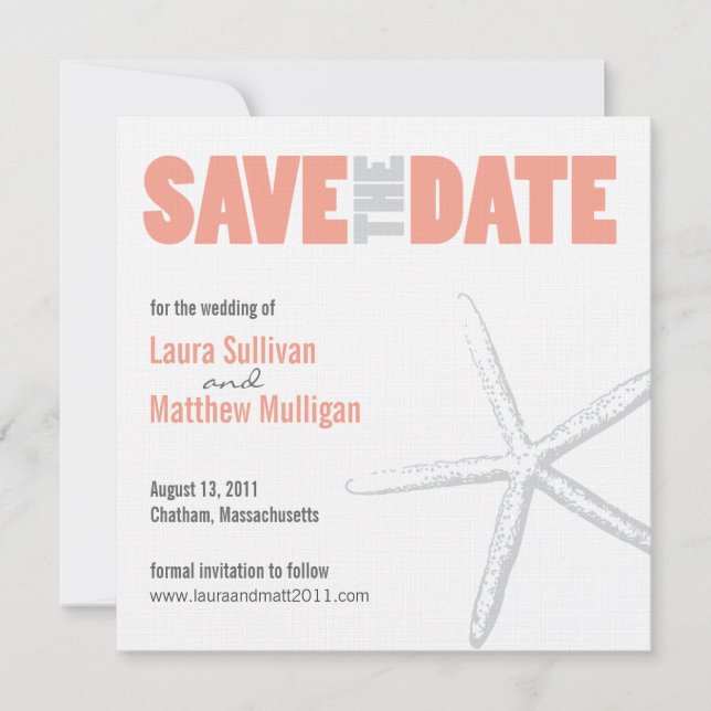 Korallen und graue Sternfische Hochzeit Speichern  Save The Date (Vorderseite)