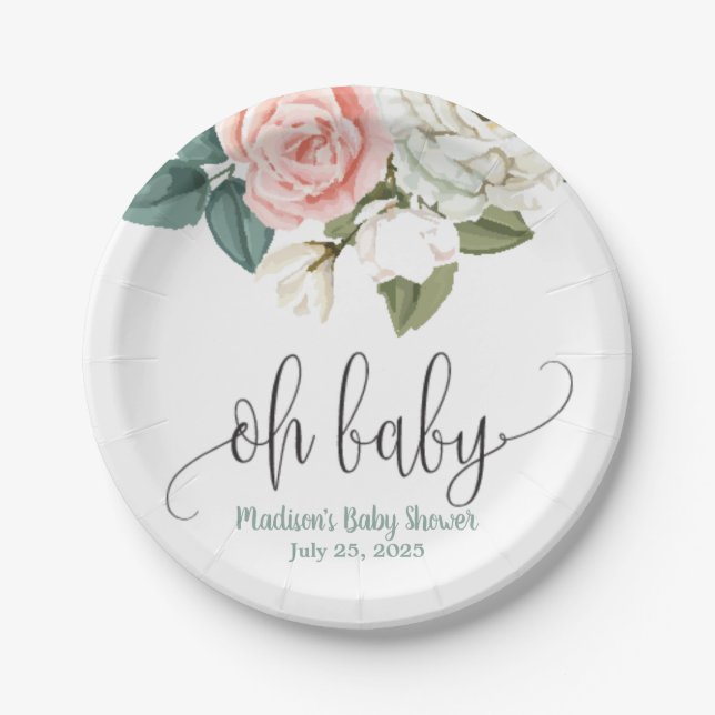 Korallen und Green Oh Baby Blumenpapier Plakat Pappteller (Vorderseite)