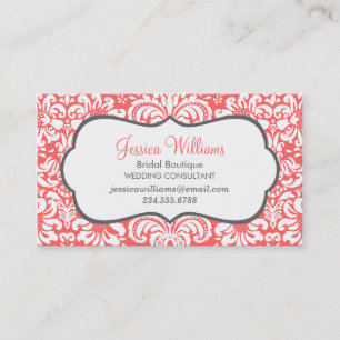 Korallen und Holzkohle Elegant Floral Damask Visitenkarte