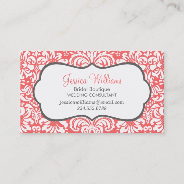 Korallen und Holzkohle Elegant Floral Damask Visitenkarte (Vorderseite)