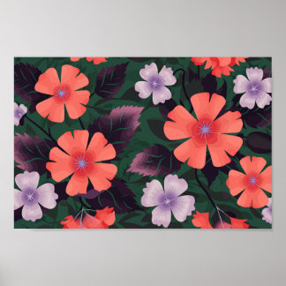 Korallen und Lila Blüten mit dunklen Blätter Poster